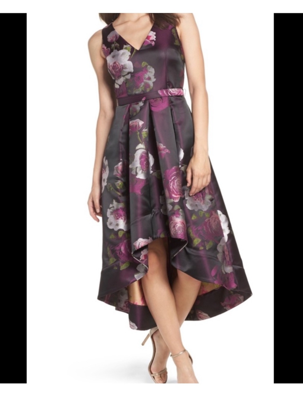 Eliza J High Low Belted Cocktail Dress Black Purple Floral Brocade Sz 14  Formal